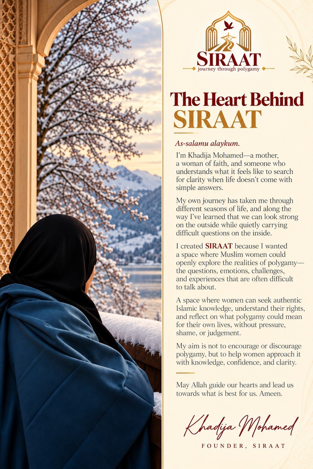 Woman in hijab by window with snowy mountain view and SIRAAT logo, founder letter about Islamic polygamy resource