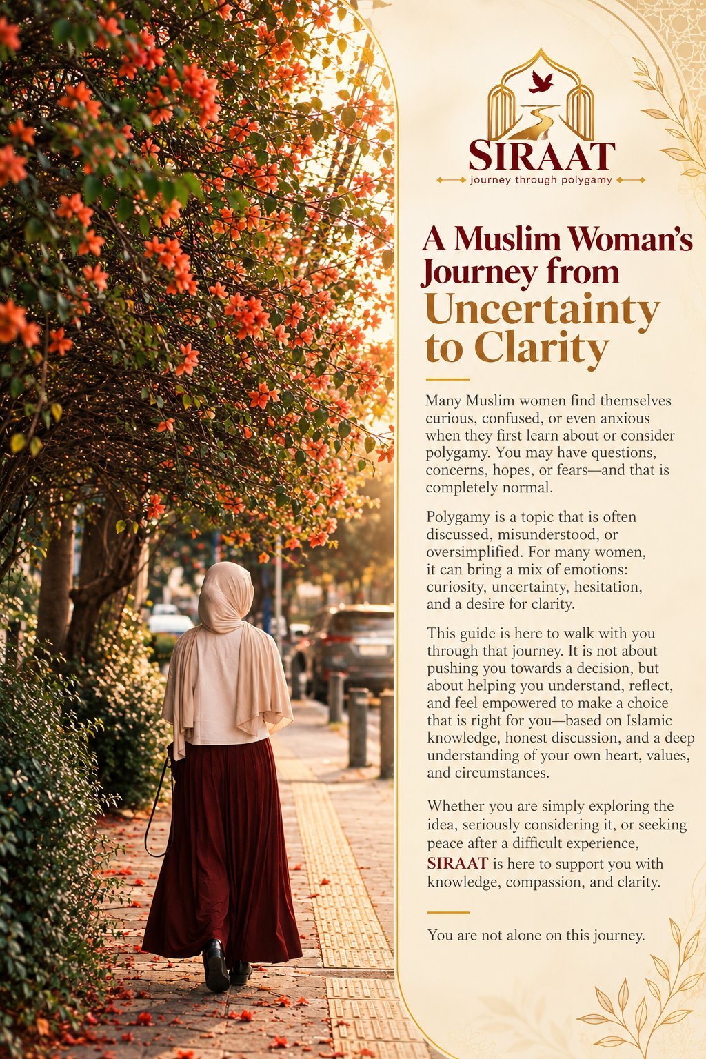Muslim woman in hijab walking on autumn-lined path with SIRAAT guide about polygamy titled A Muslim Womans Journey from Uncertainty to Clarity