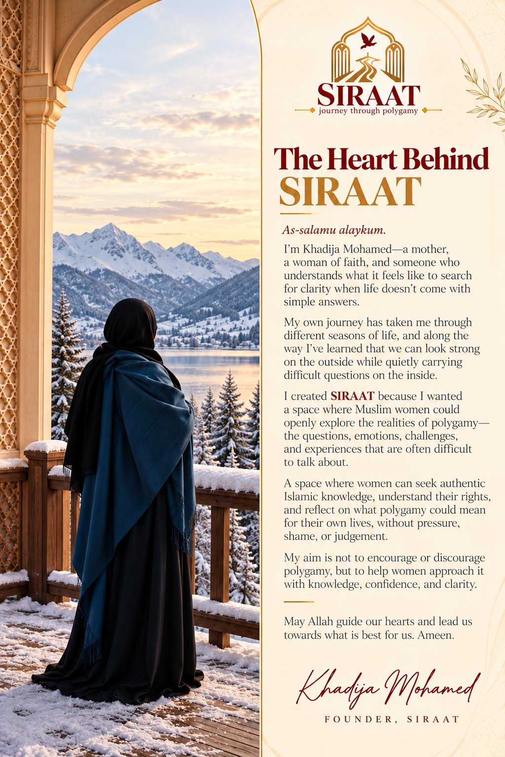 Woman in blue hijab looking out from an arched stone window toward snowy mountains and a lake