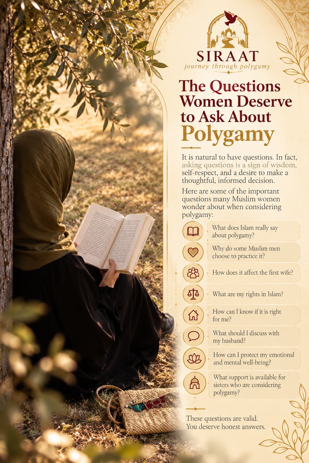Woman reading Quran outdoors with SIRAAT guide on questions women deserve to ask about polygamy